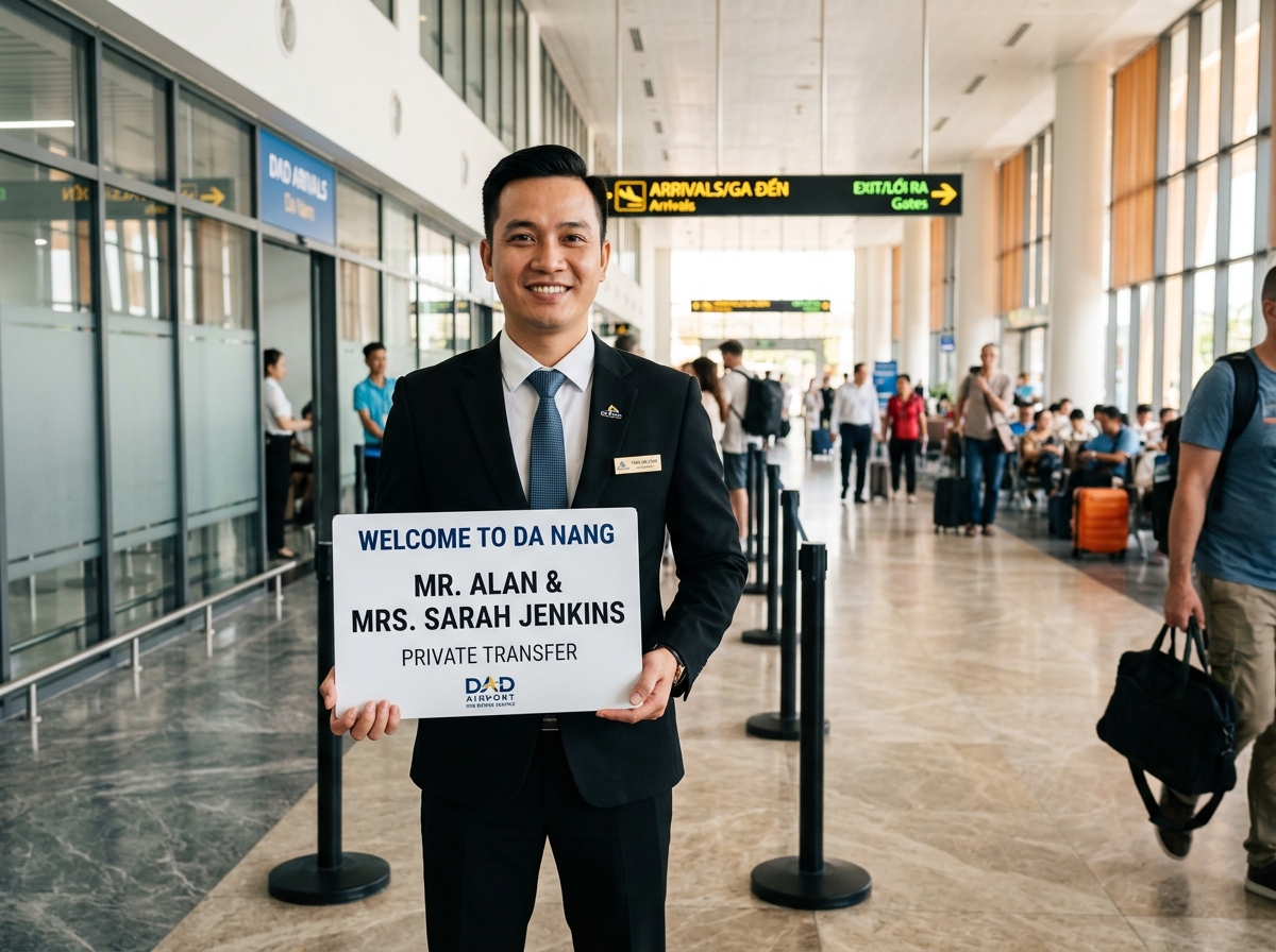 Private airport transfer driver holding welcome nameboard at Da Nang airport arrivals
