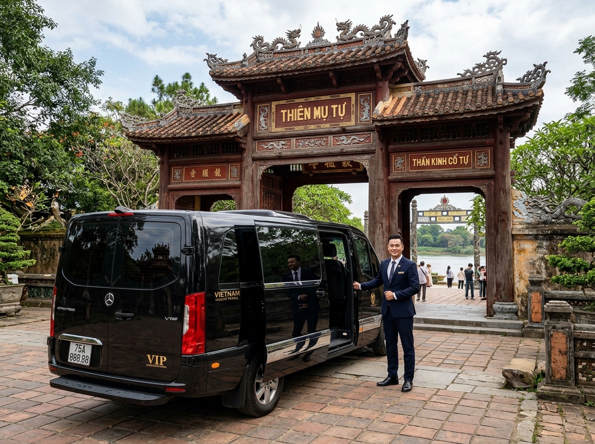 Luxury black VIP passenger van and chauffeur at Thien Mu Pagoda in Hue