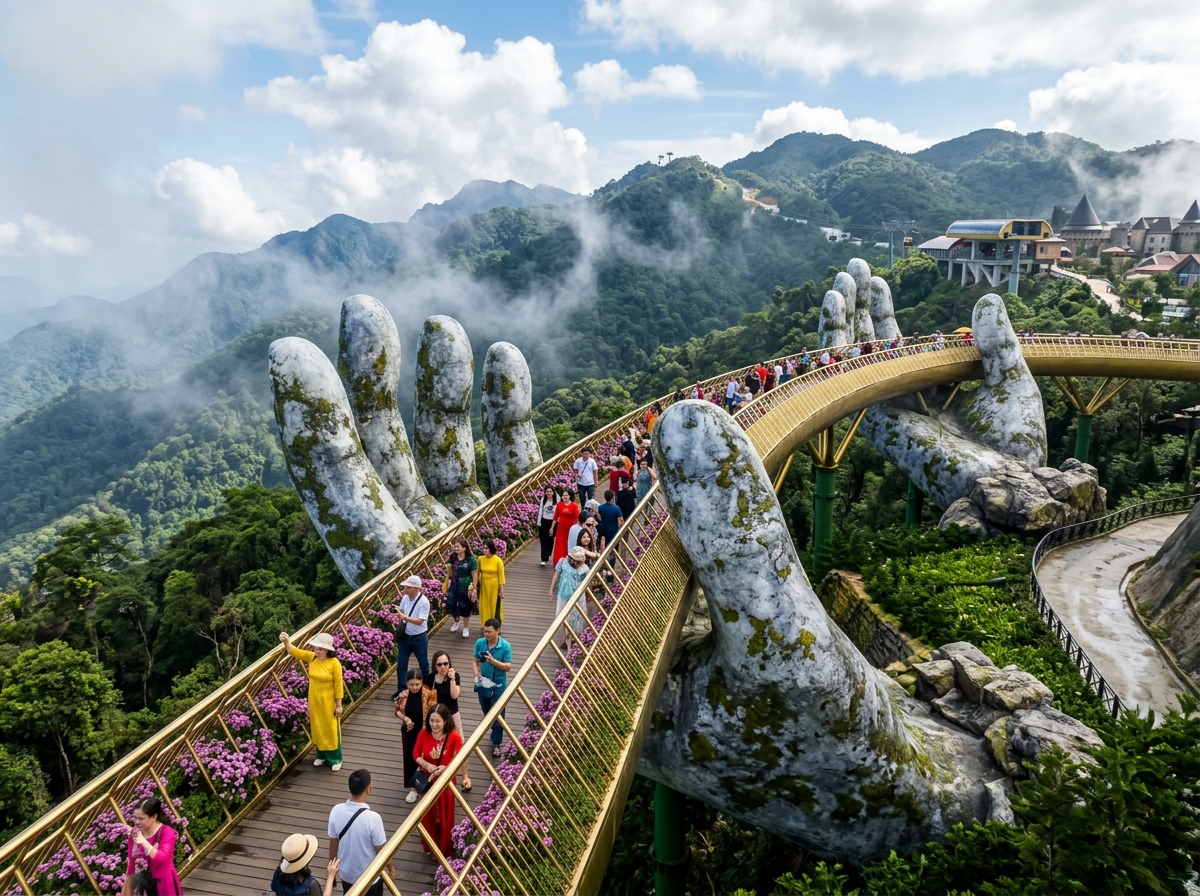 Golden Bridge held by giant stone hands at Ba Na Hills Da Nang